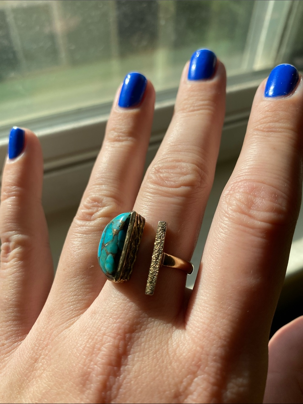 Turquoise Stone Open Adjustable Gold Tone Ring - Women Jewelry - Picture 2 of 7
